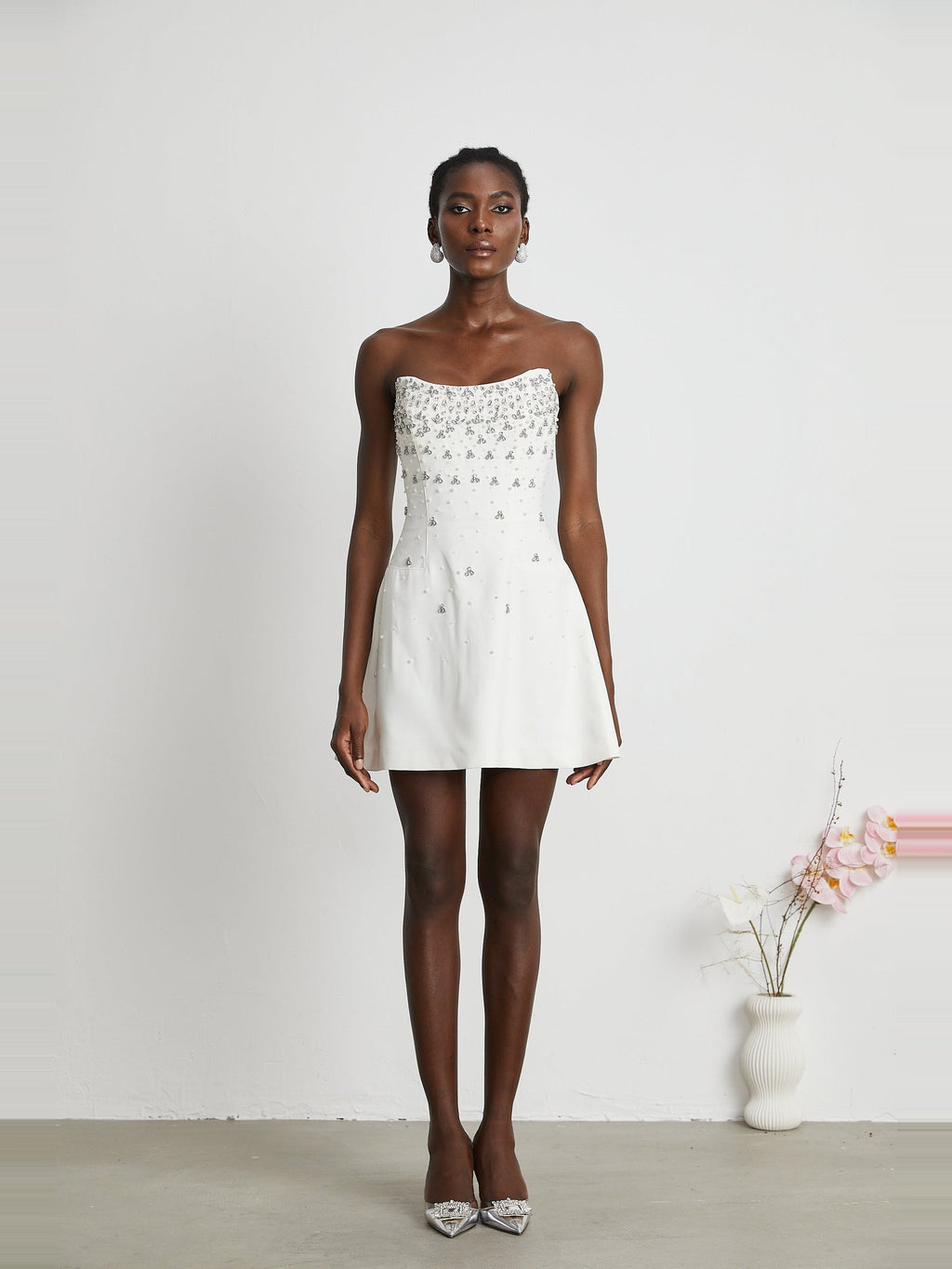 Melisande Off-Shoulder Beaded Sleeveless Mini Gown — Svelte Chic