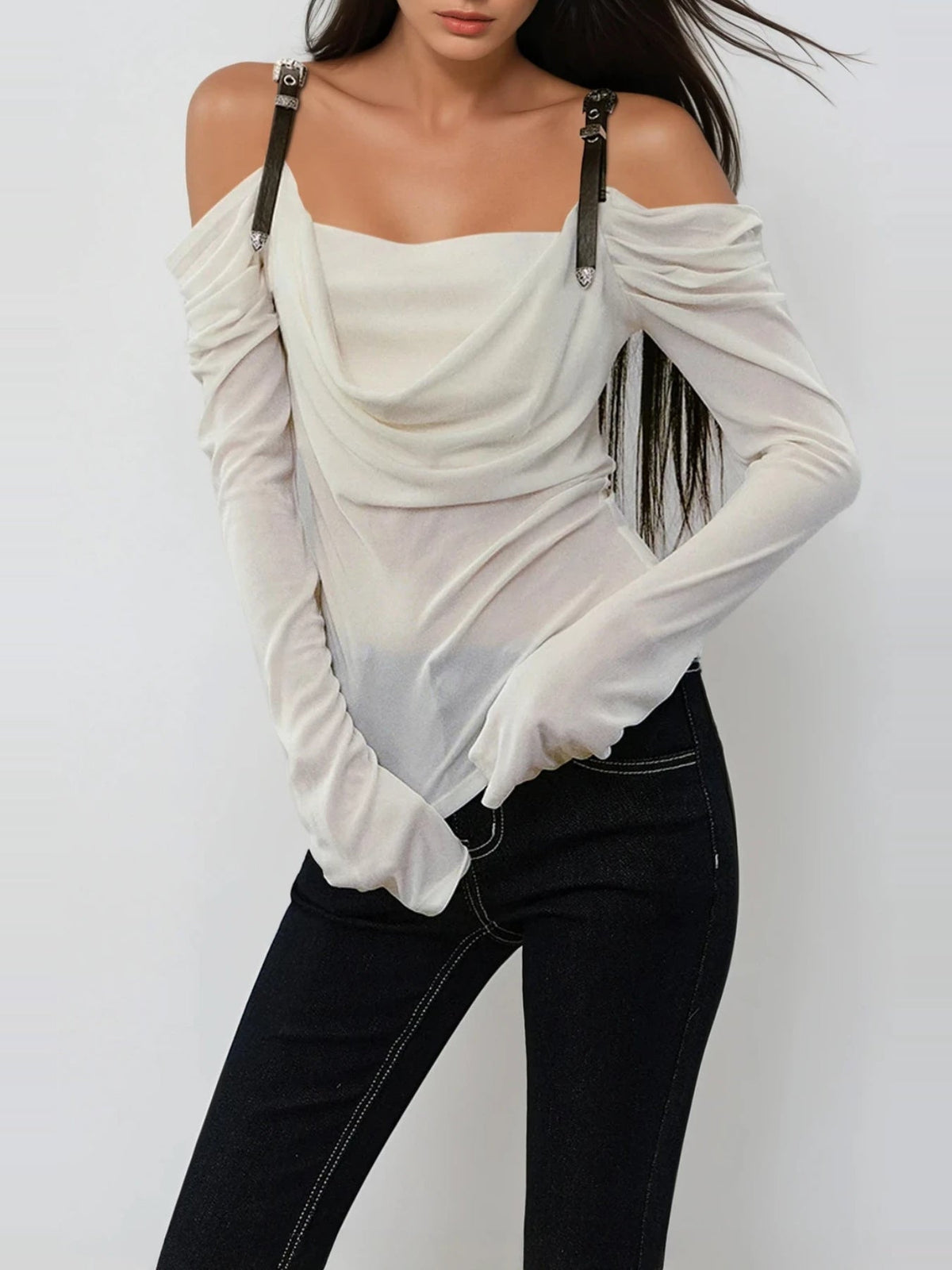 Derren Off-Shoulder Draped Buckle Strap Long Sleeve Top — Svelte Chic