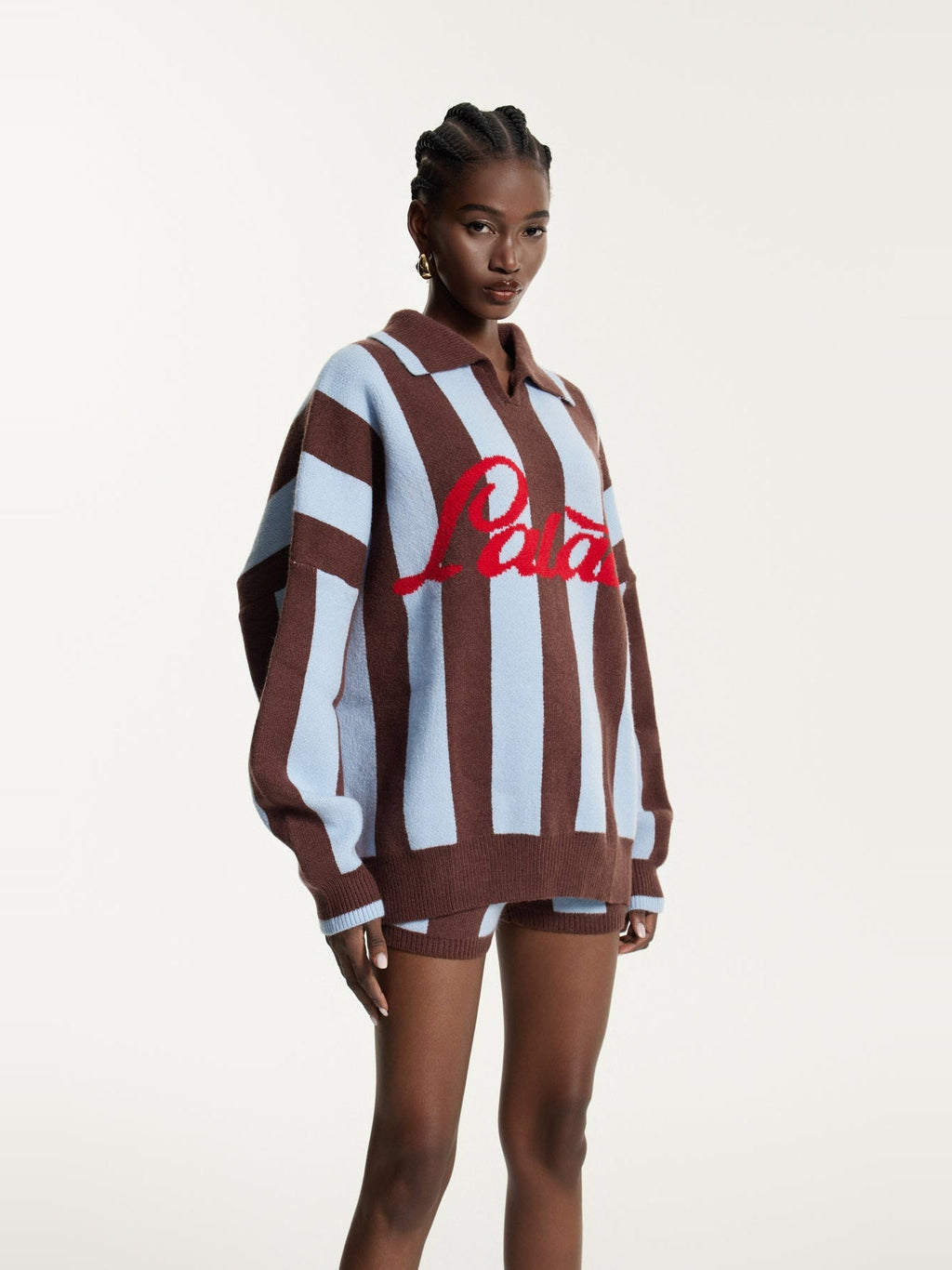 Edwena Striped Knit Polo Collar Shorts Set — Svelte Chic