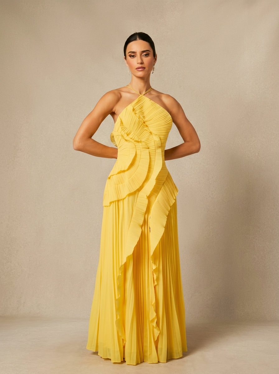 Flora Halter Pleated Maxi Dress in Yellow — Svelte Chic