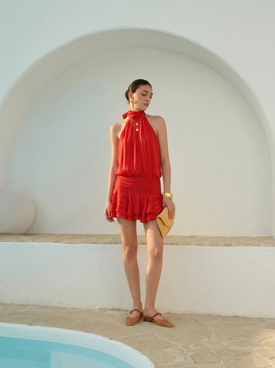 High Waist Ruffle Halter Mini Dress — Svelte Chic