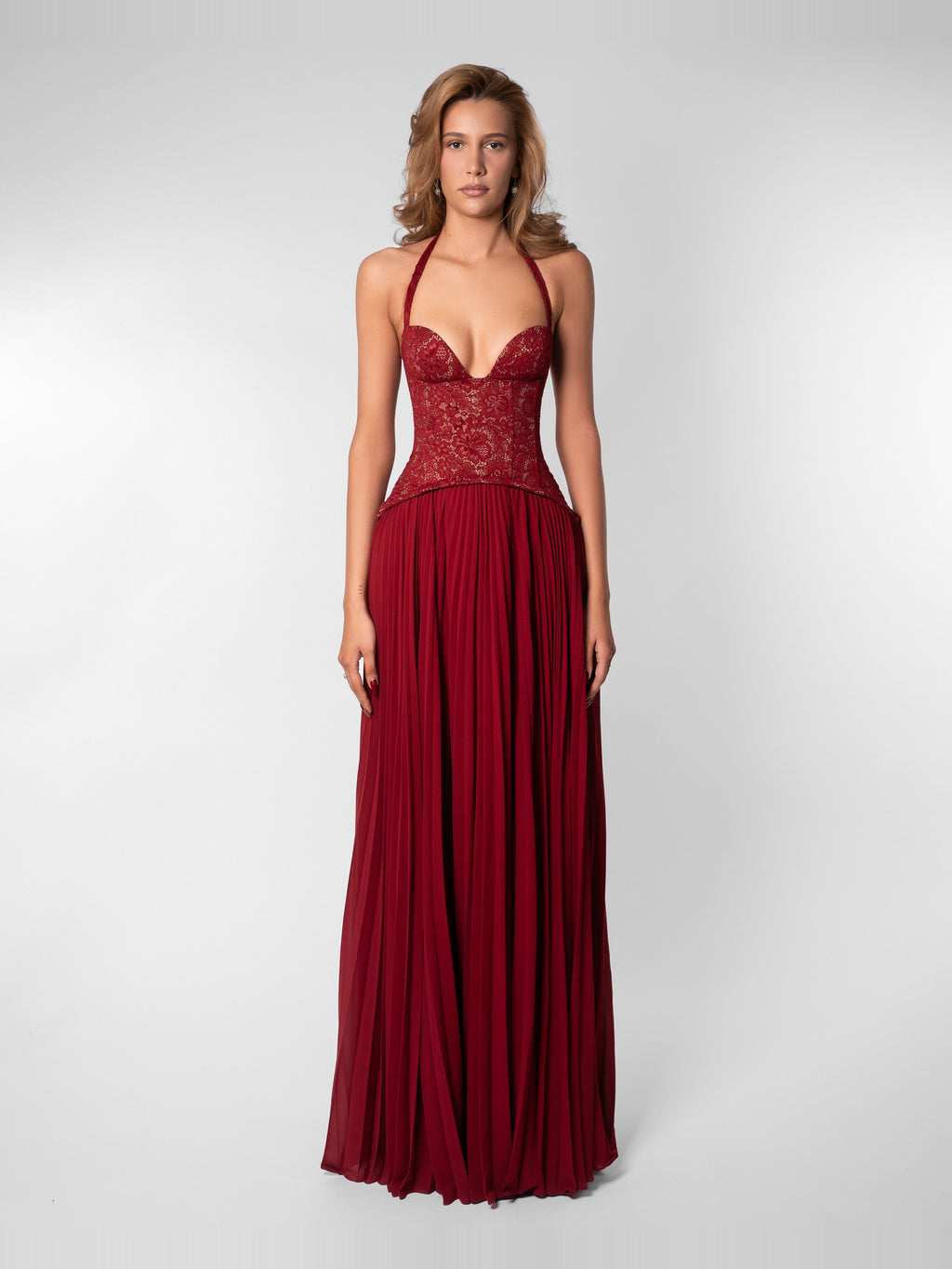 Gaia Halter Lace Corset Maxi Dress in Red — Svelte Chic