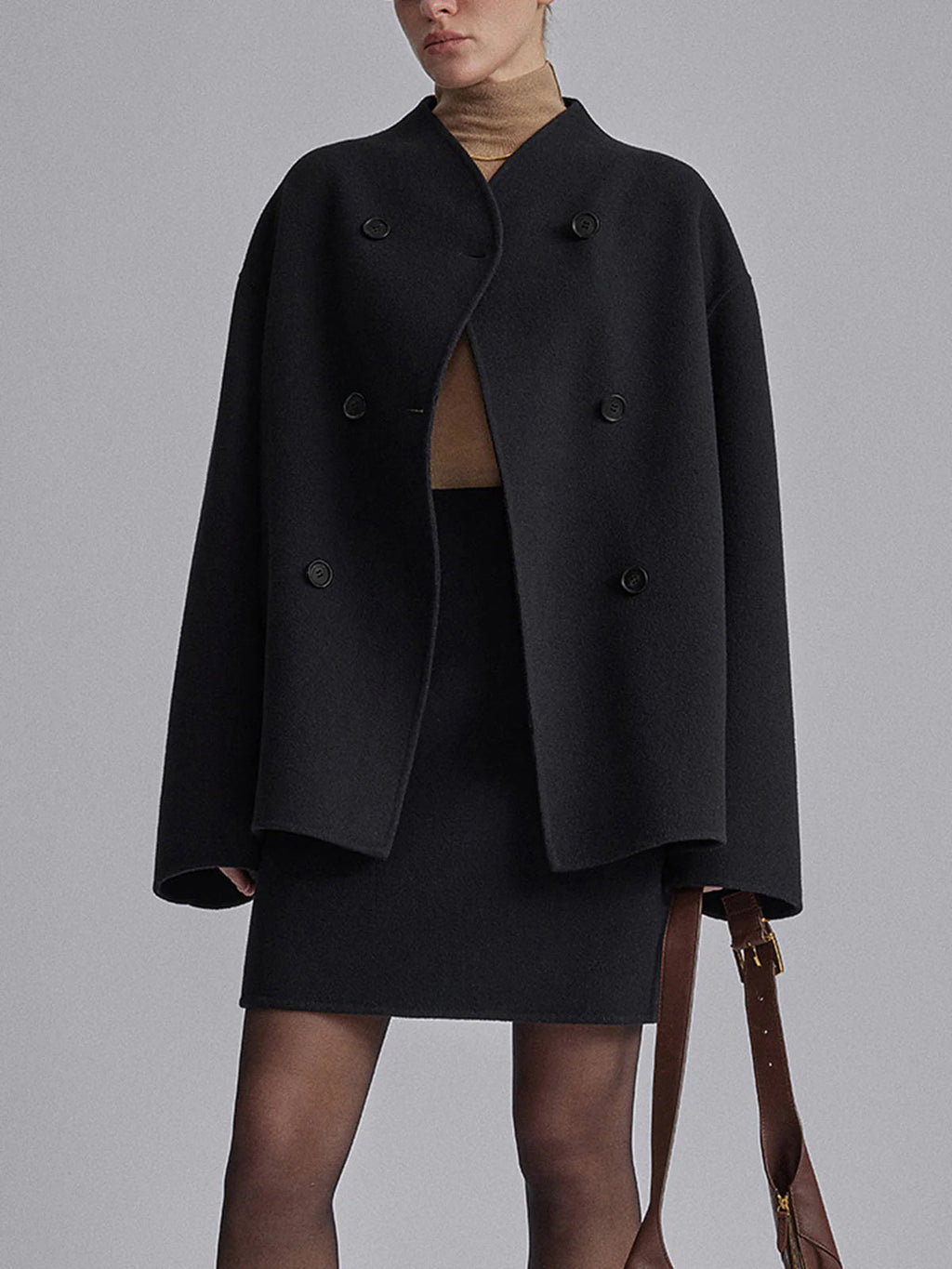 Oversized Double-Breasted Cropped Jacket in Black — Svelte Chic