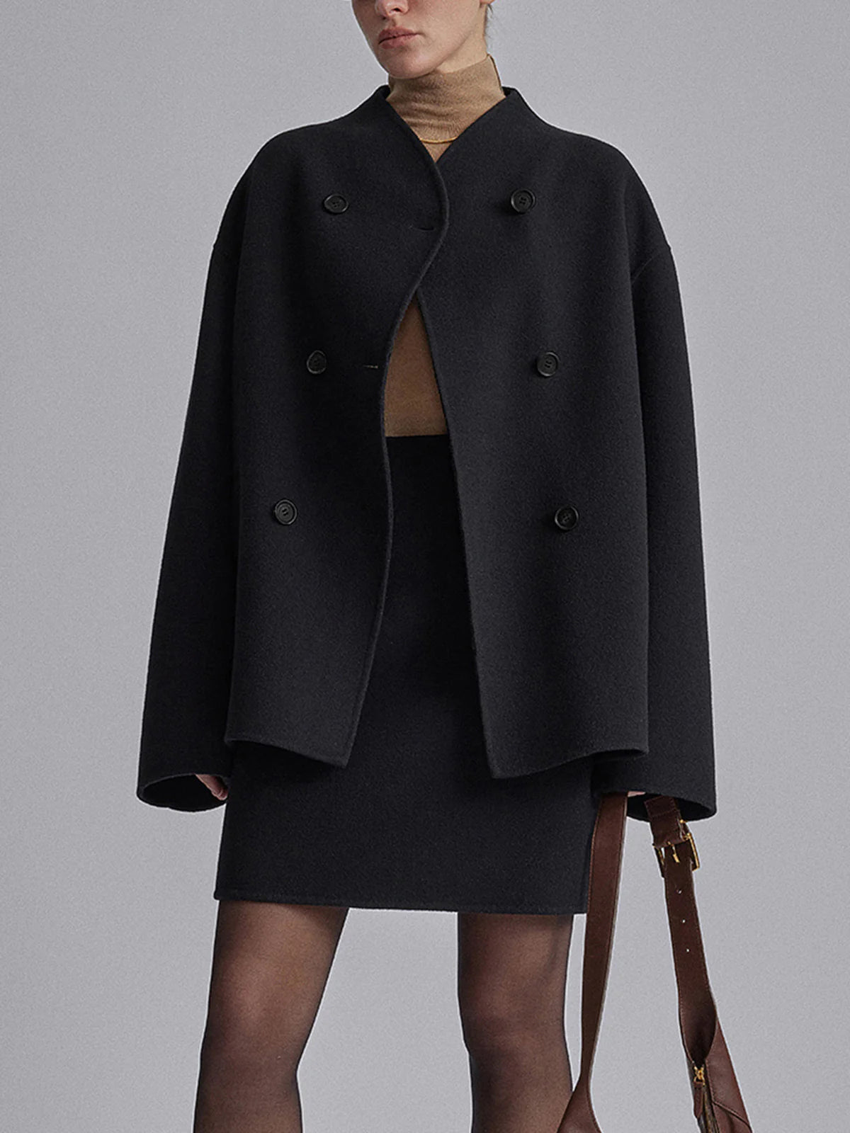 Oversized Double-Breasted Cropped Jacket in Black — Svelte Chic