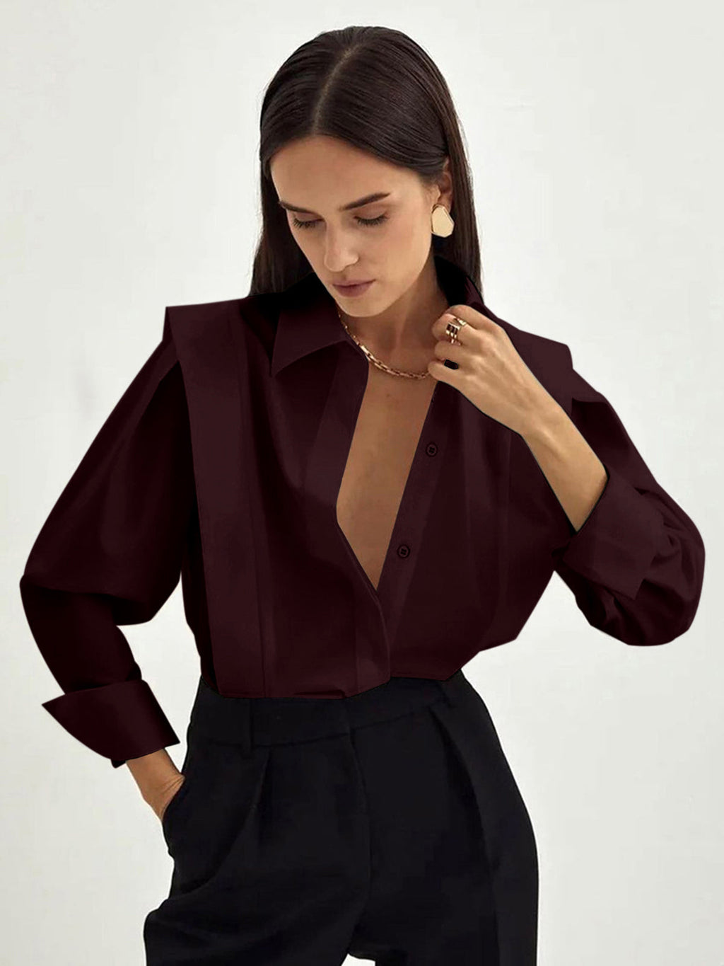 Oversized Wide Collar Pleated Shoulder Cotton Shirt in Burgundy — Svelte Chic