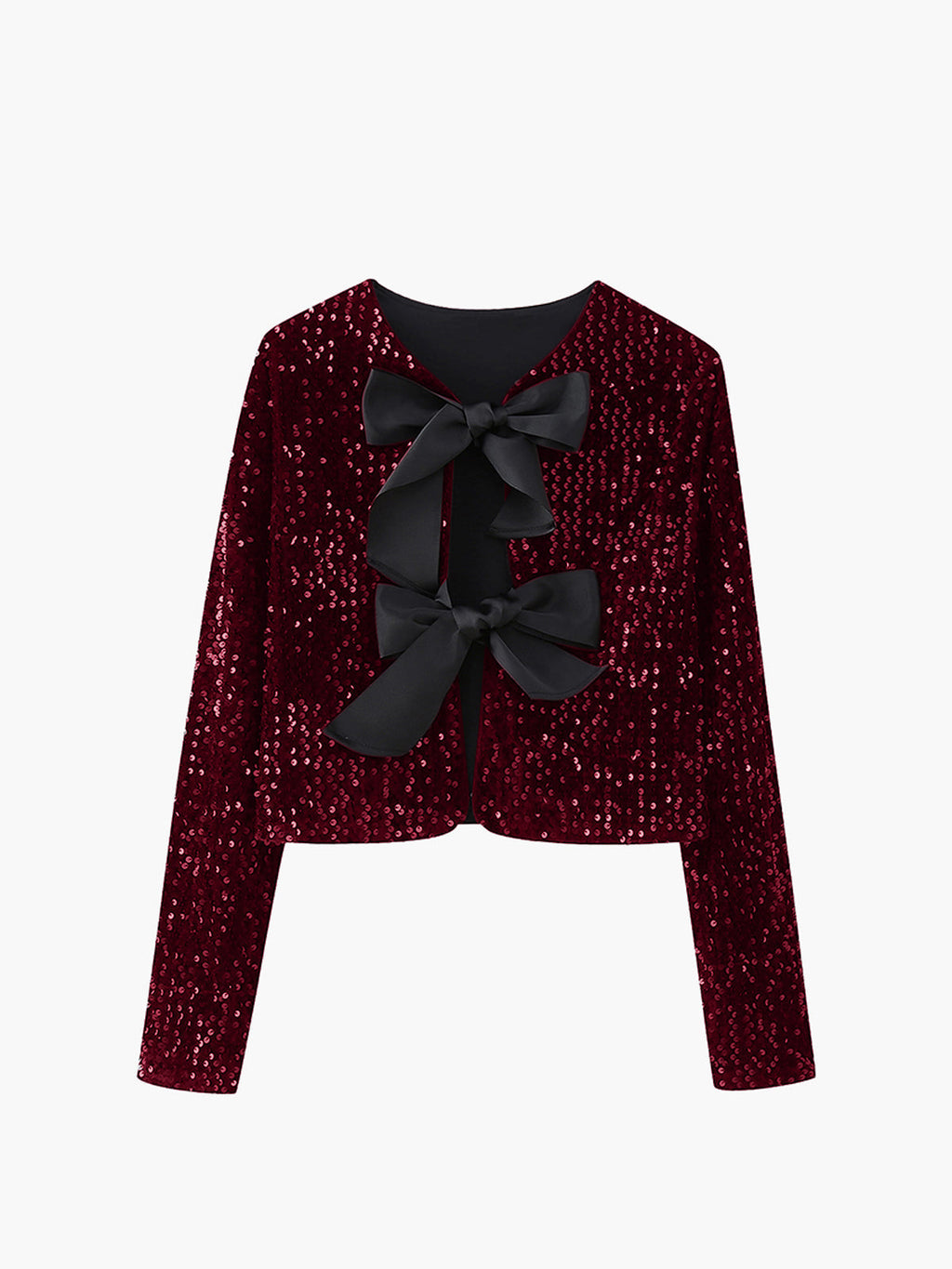 Bow-Detail Sequined Velvet Cropped Jacket in Burgundy — Svelte Chic