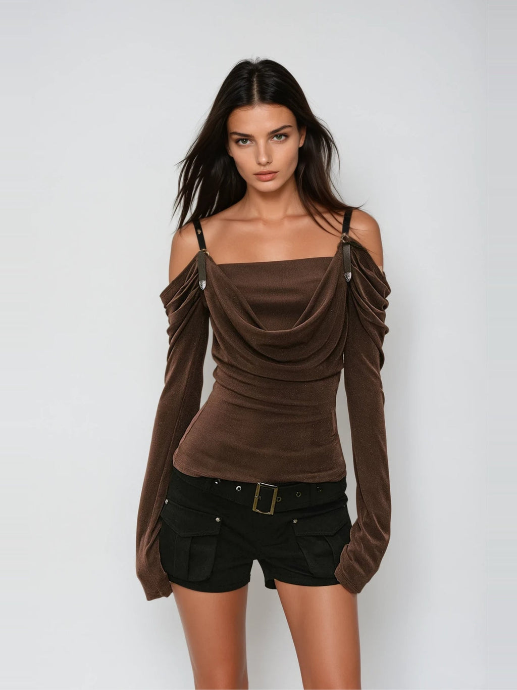 Derren Off-Shoulder Draped Buckle Strap Long Sleeve Top in Brown — Svelte Chic