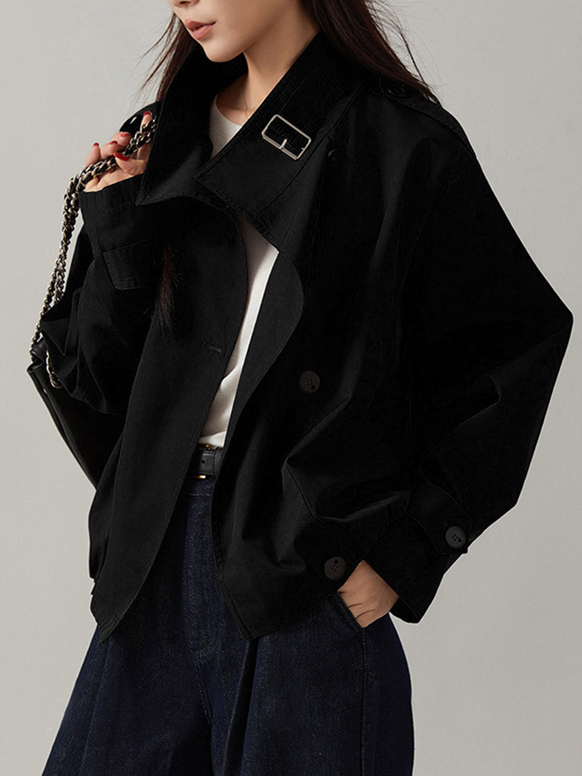 Oversized Double-Breasted Cropped Trench Coat in Black — Svelte Chic