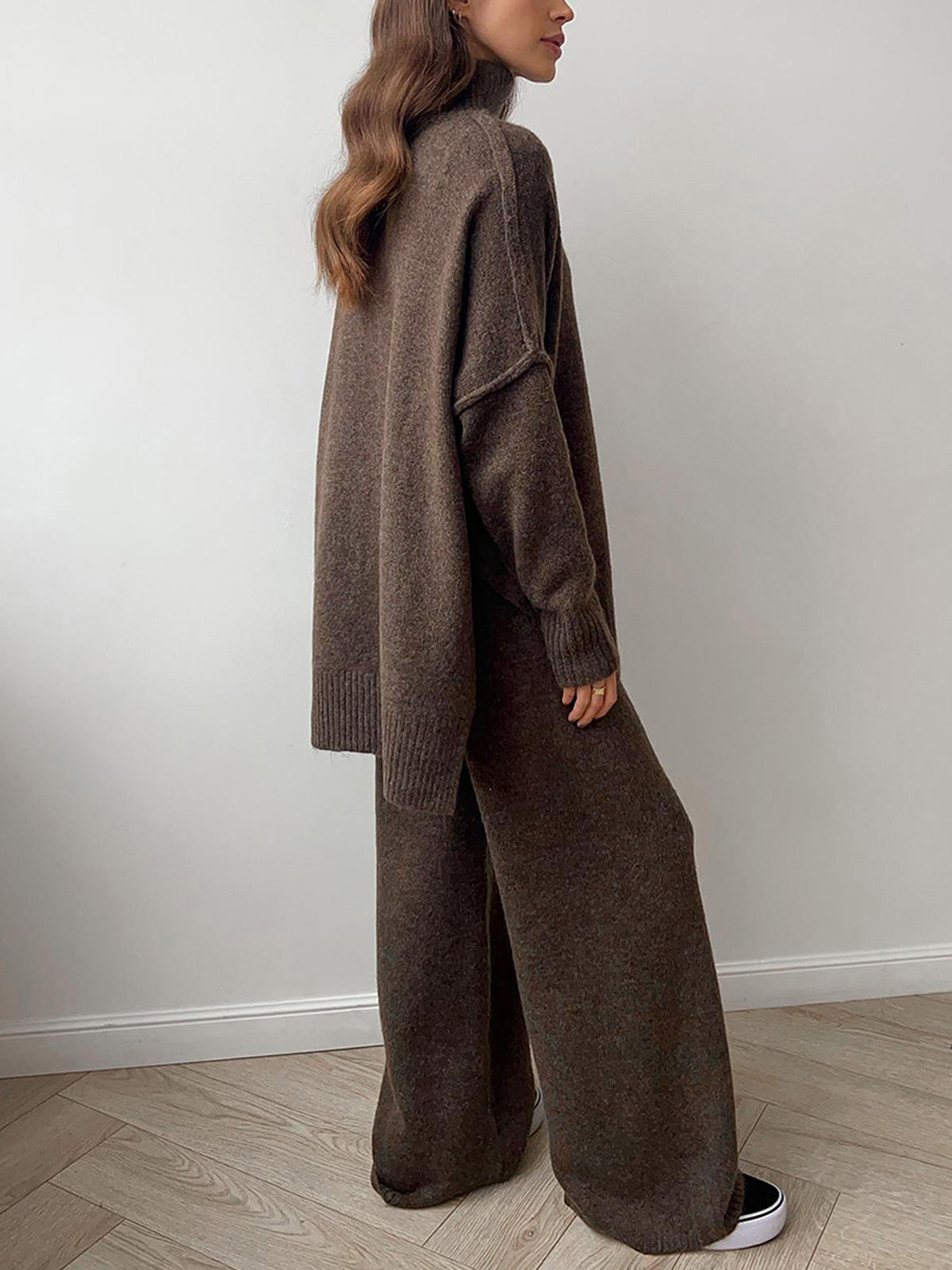 Turtleneck Oversized Knit Top and Pants Set in Dark Brown — Svelte Chic