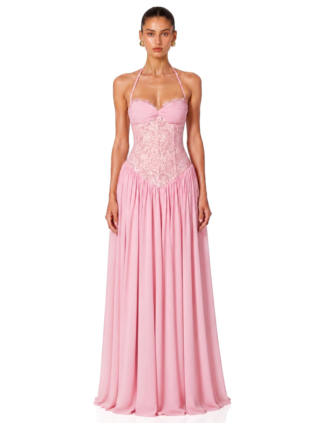 Joelle Halter Lace Corset Maxi Dress in Pink — Svelte Chic