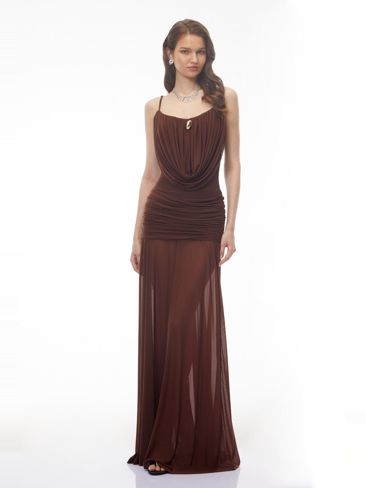 Mariana Gathered Cowl Neck Maxi Dress in Brown — Svelte Chic