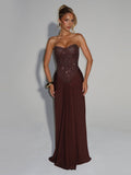 Carina Strapless Crystal Corset Maxi Dress in Plum Brown — Svelte Chic