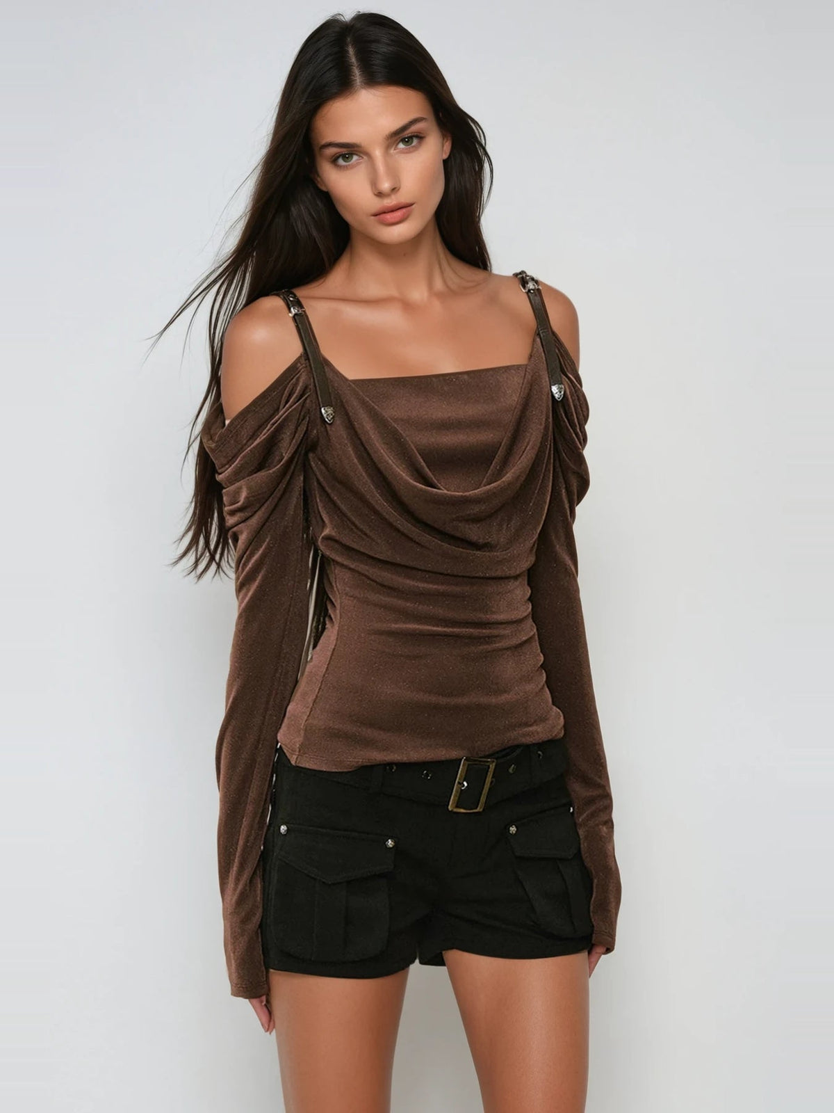 Derren Off-Shoulder Draped Buckle Strap Long Sleeve Top — Svelte Chic