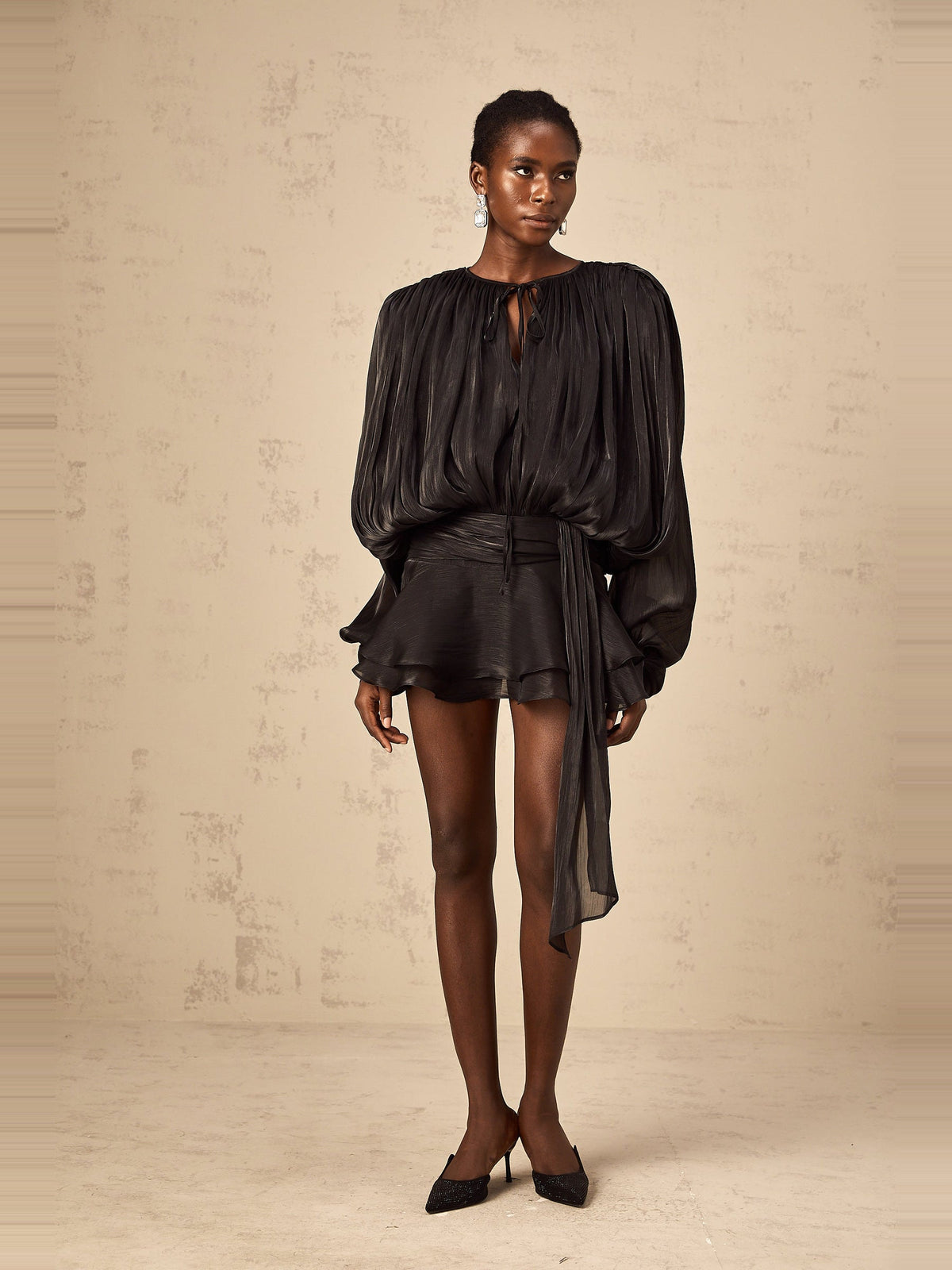 Eugenie Pleated Ruffle Mini Dress — Svelte Chic