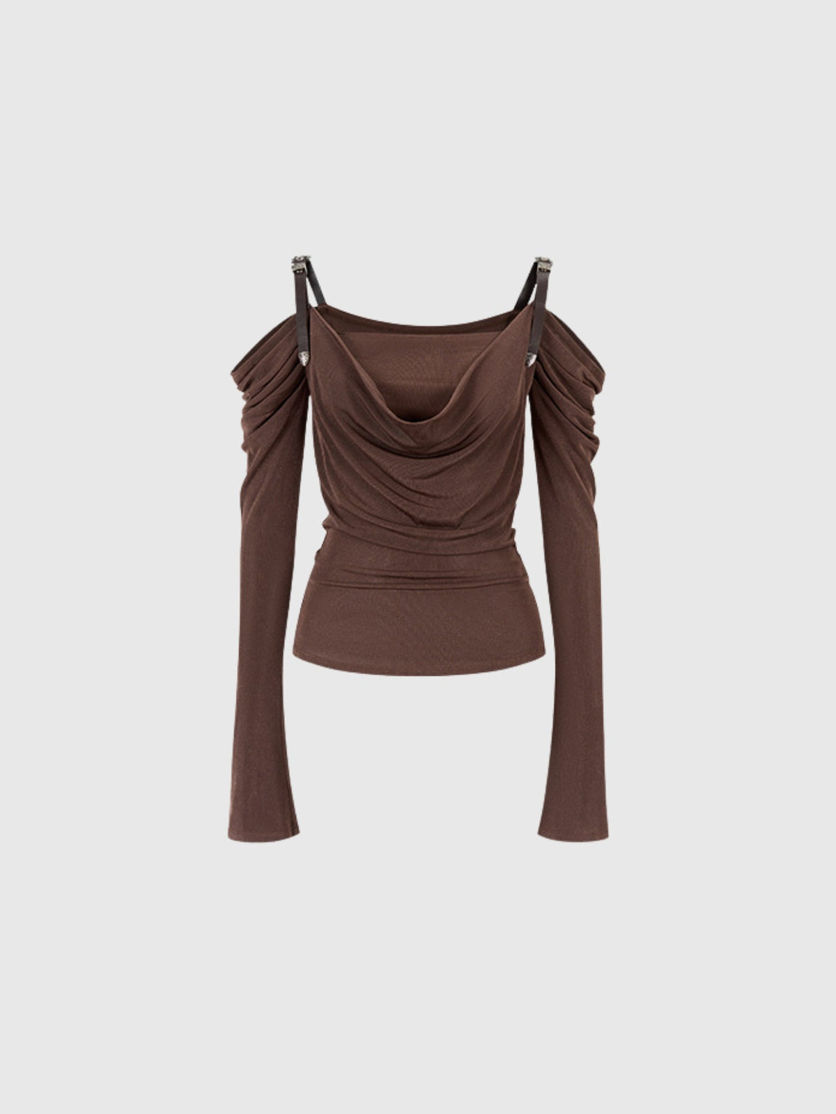 Derren Off-Shoulder Draped Buckle Strap Long Sleeve Top — Svelte Chic