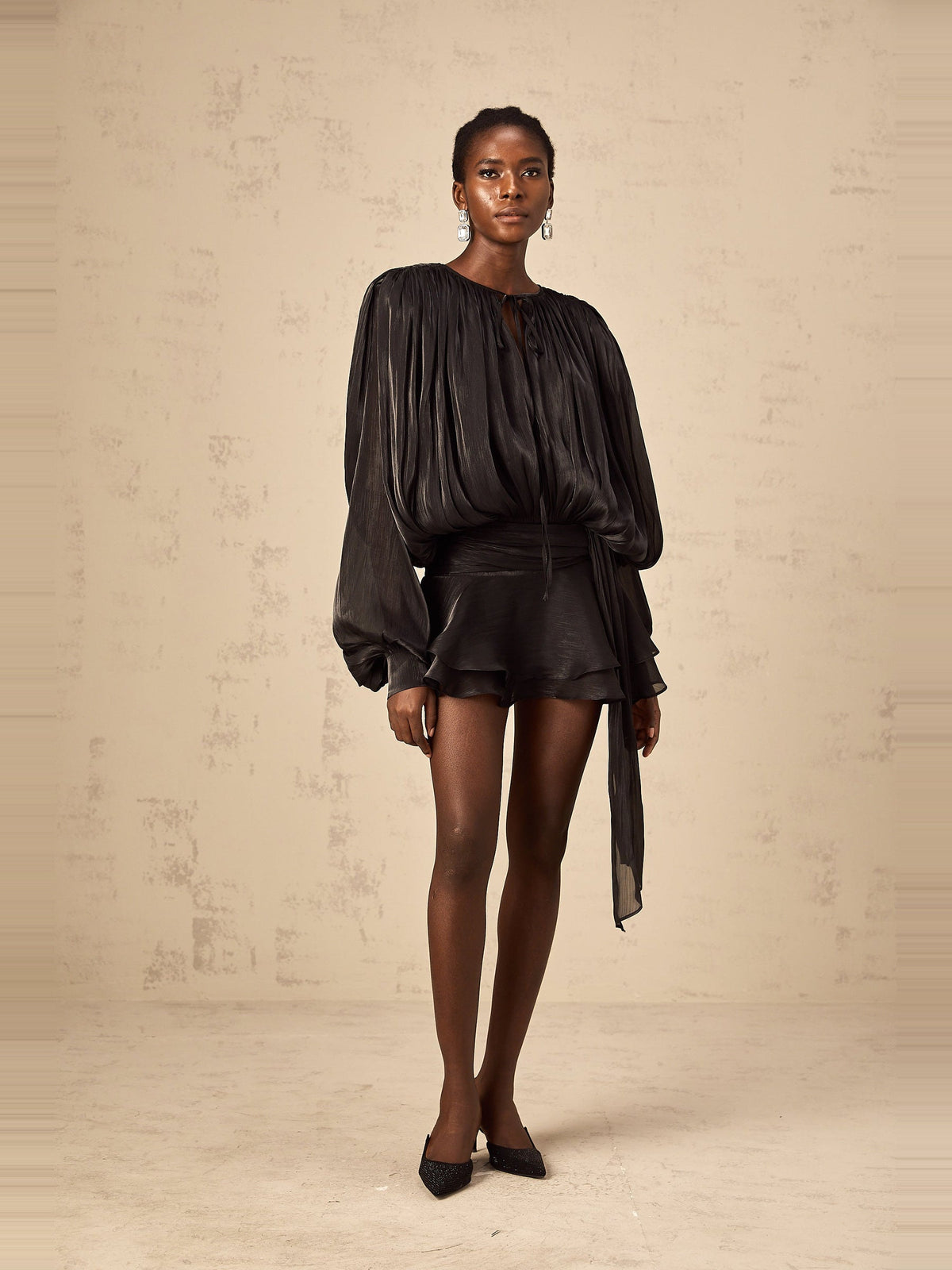 Eugenie Pleated Ruffle Mini Dress — Svelte Chic
