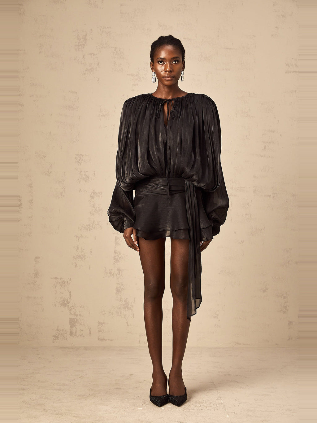 Eugenie Pleated Ruffle Mini Dress — Svelte Chic