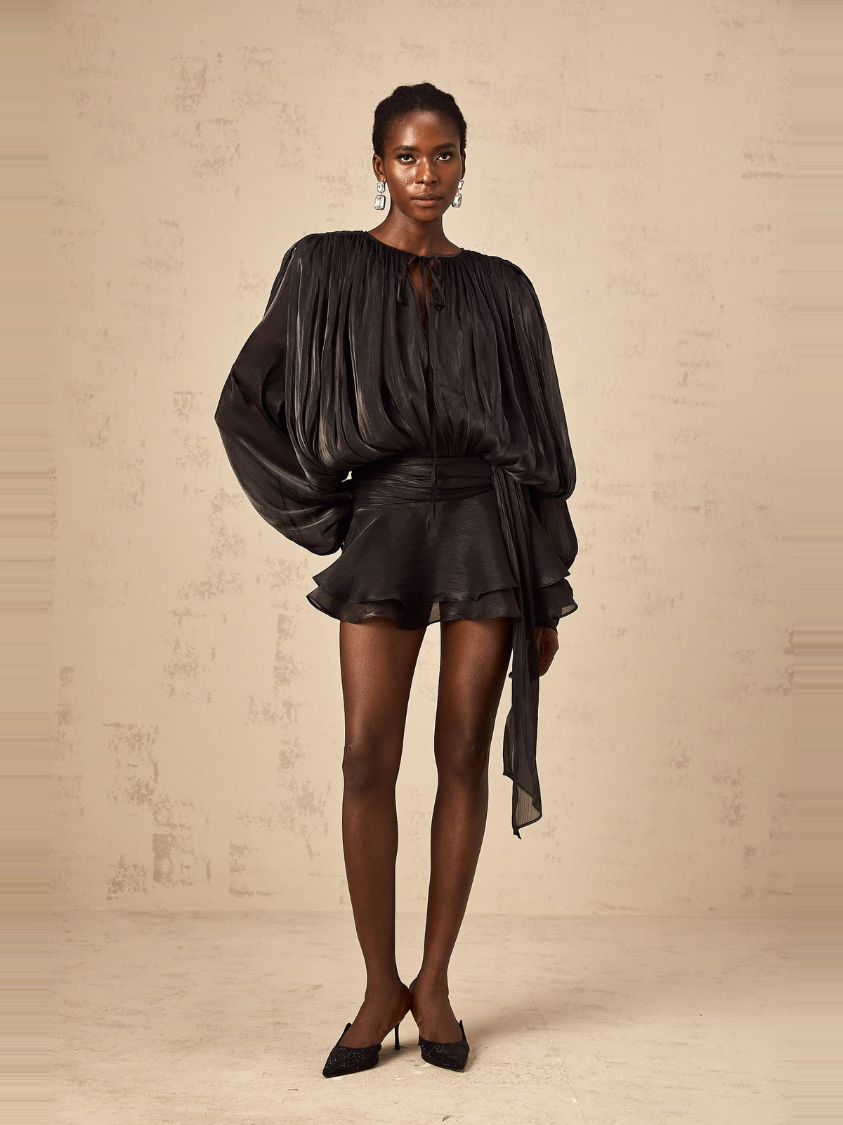 Eugenie Pleated Ruffle Mini Dress — Svelte Chic