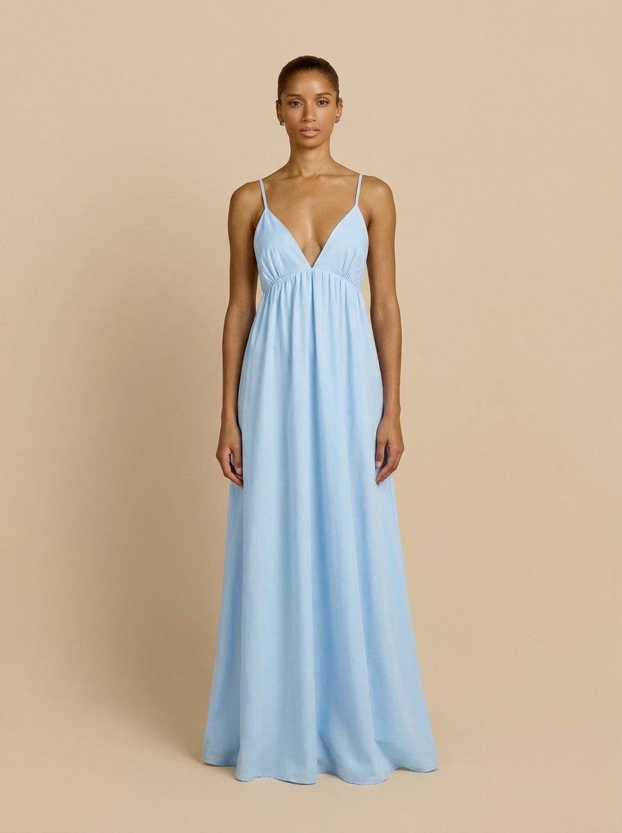 V-Neck Open Back Cotton Maxi Dress in Blue — Svelte Chic