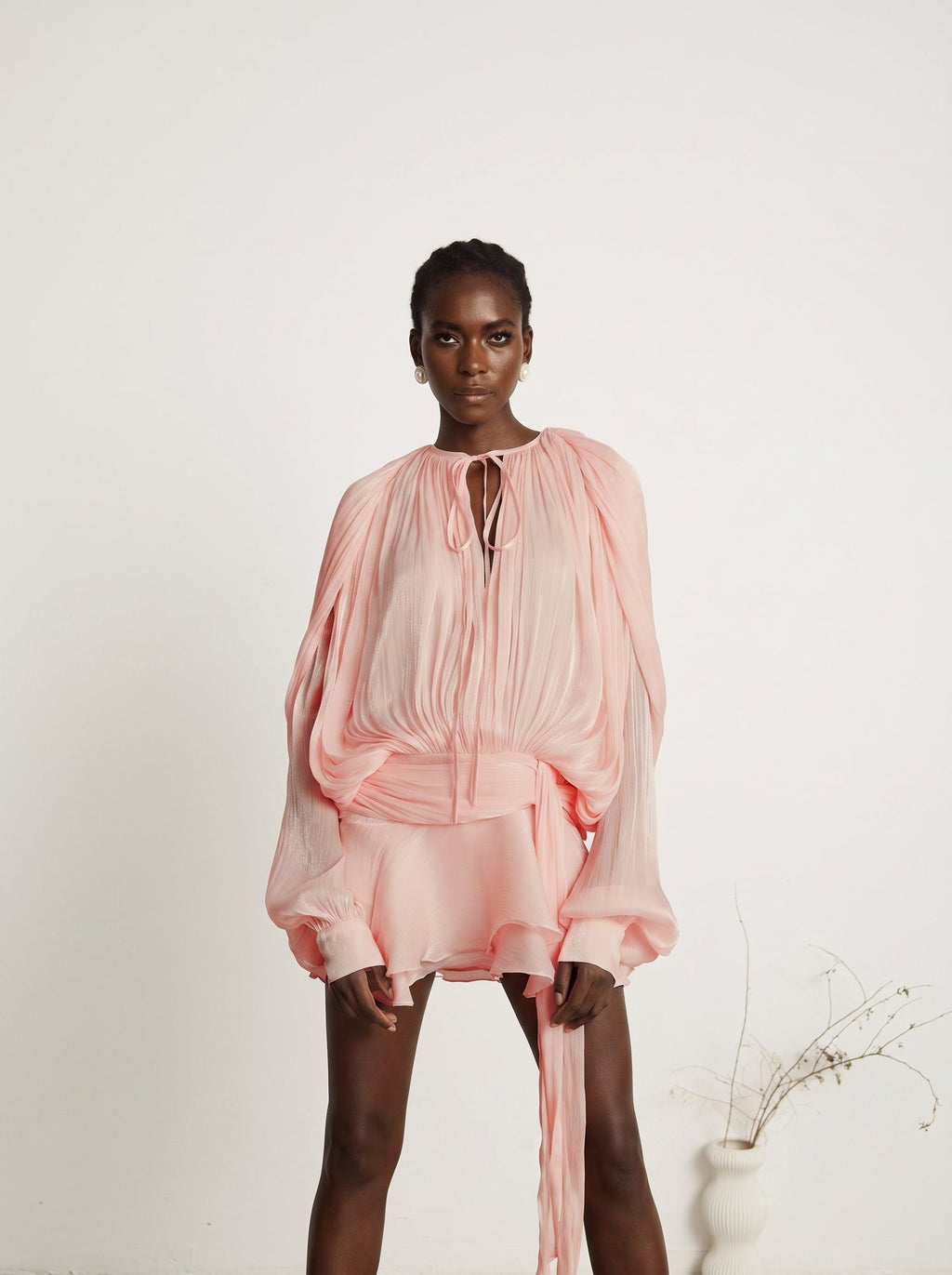 Eugenie Pleated Ruffle Mini Dress in Pink — Svelte Chic