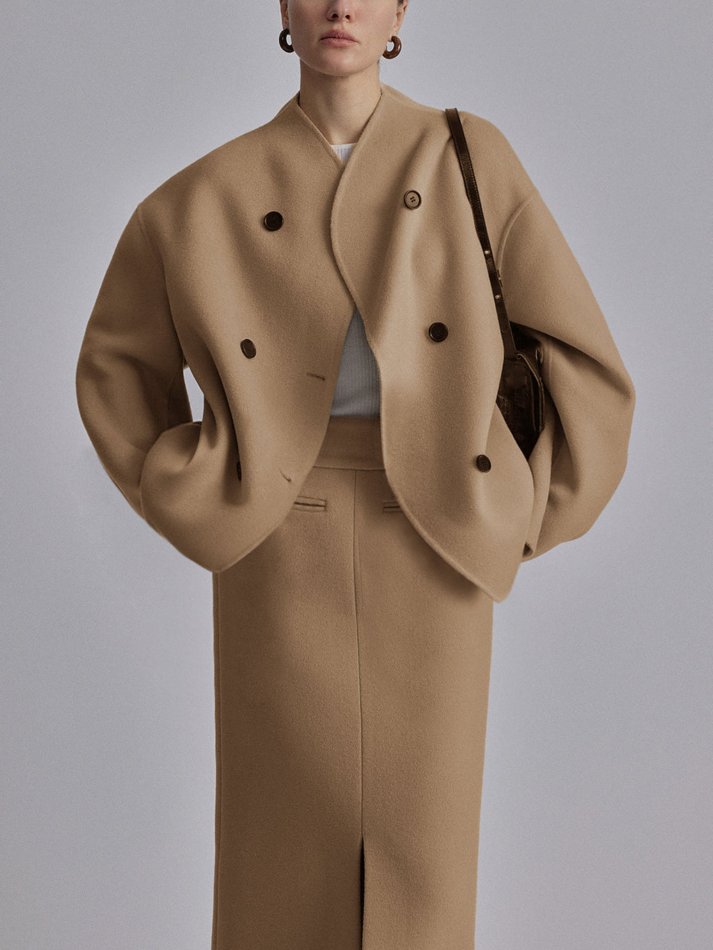 Oversized Double-Breasted Cropped Jacket in Khaki — Svelte Chic