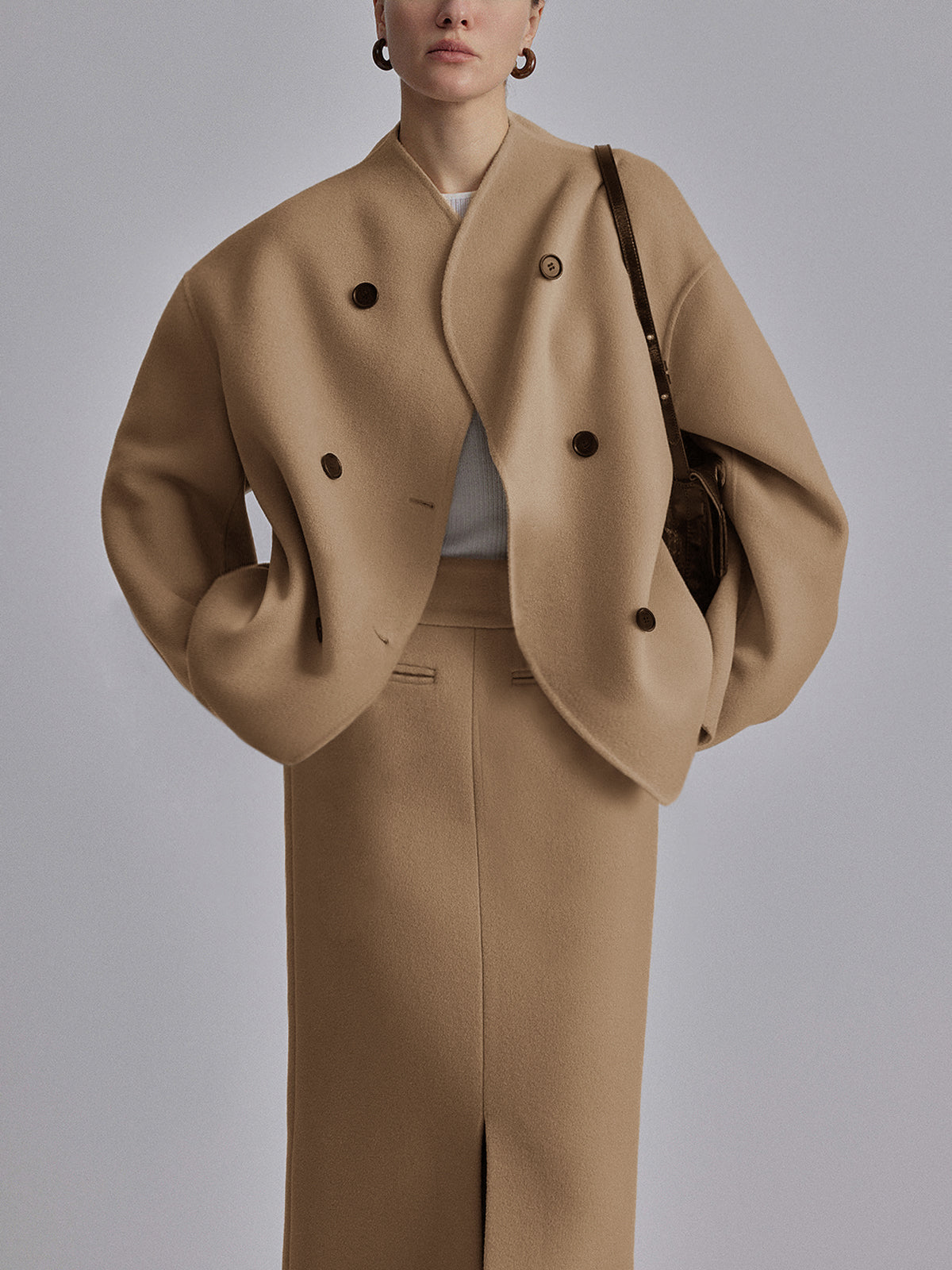 Oversized Double-Breasted Cropped Jacket in Khaki — Svelte Chic