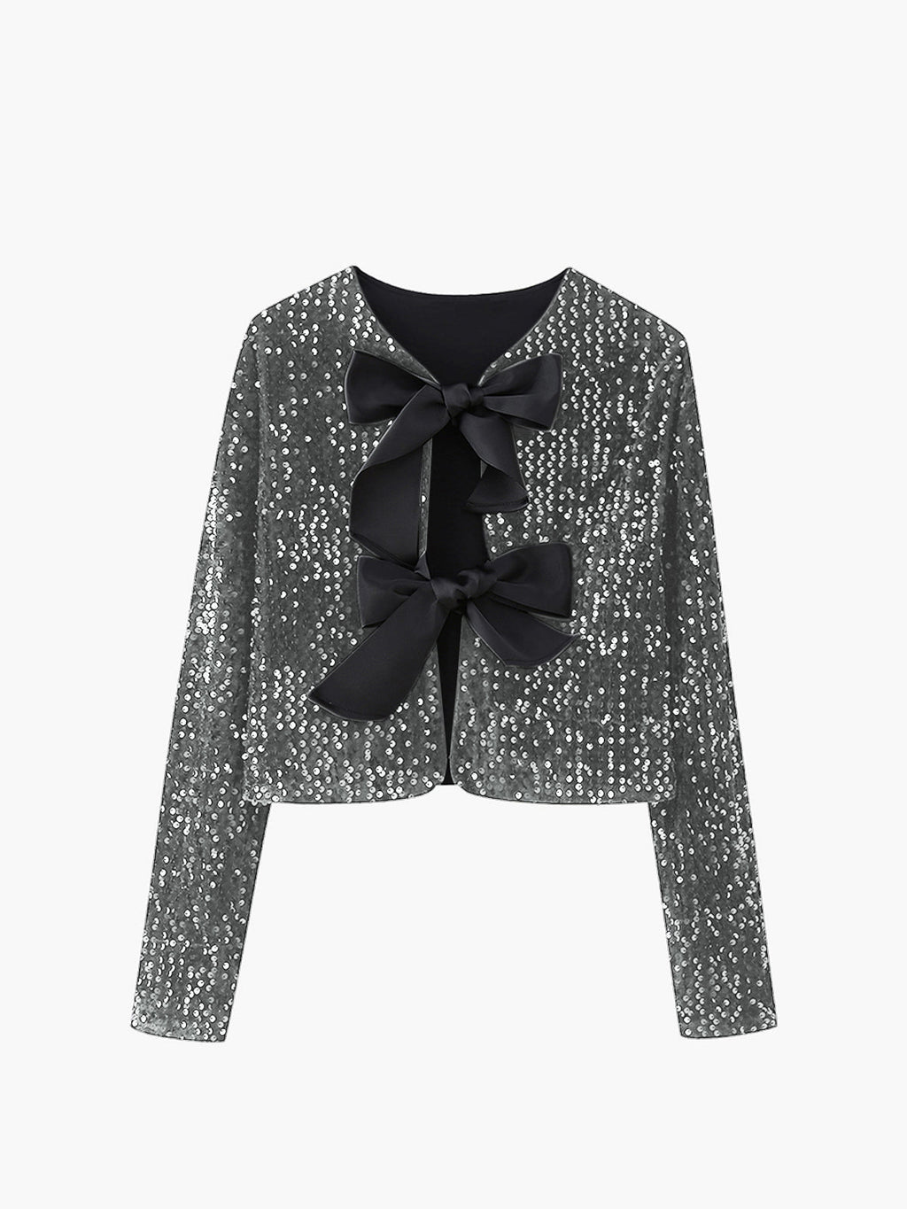 Bow-Detail Sequined Velvet Cropped Jacket in Grey — Svelte Chic
