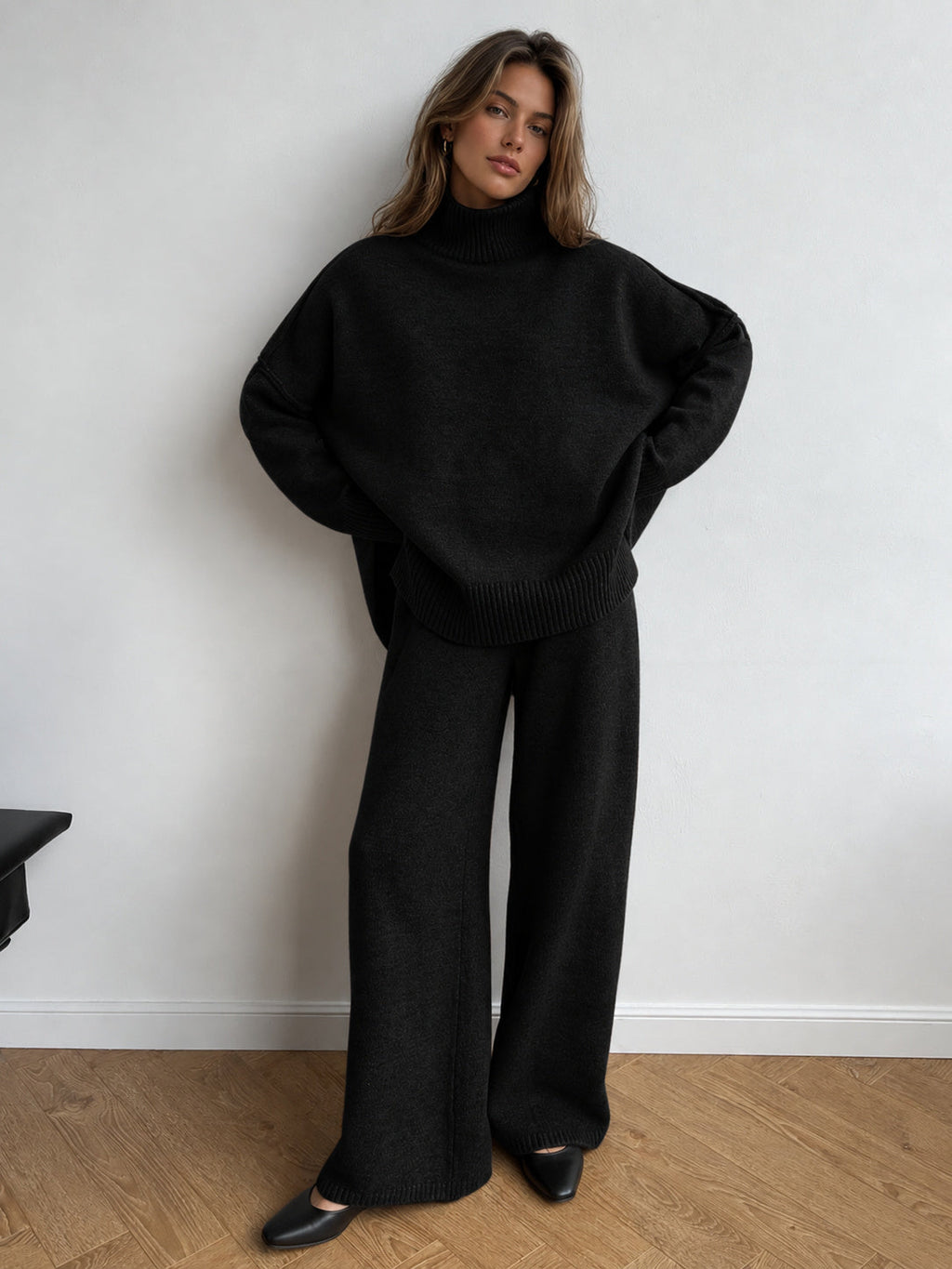 Turtleneck Oversized Knit Top and Pants Set in Black — Svelte Chic