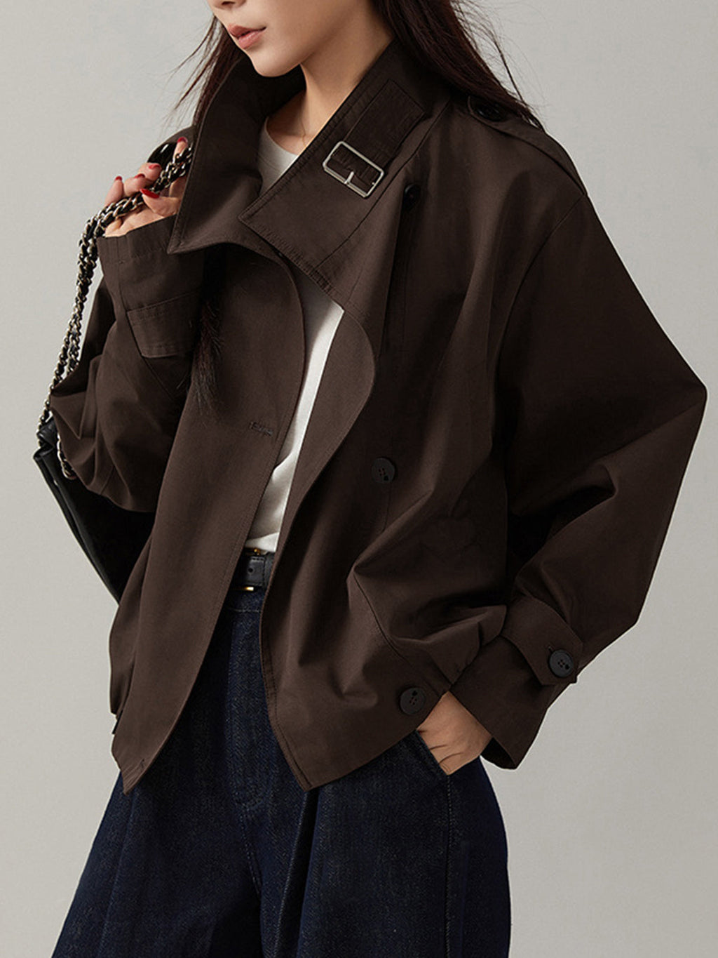 Oversized Double-Breasted Cropped Trench Coat in Brown — Svelte Chic