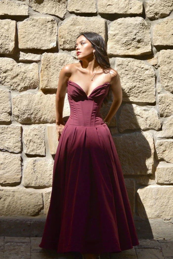 Lorelei Corset Midi Dress in Grape Red — Svelte Chic