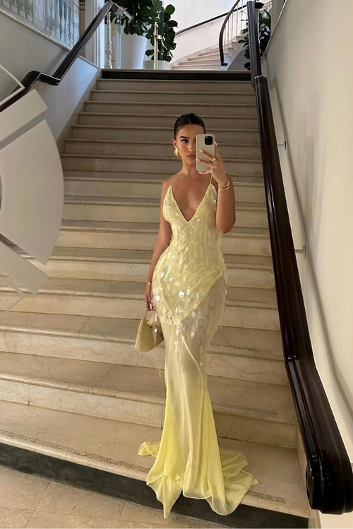 Aaliyah V-Neck Maxi Dress in Yellow — Svelte Chic