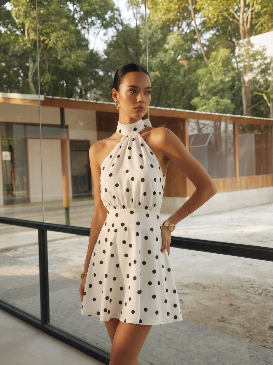Polka Dot Halter Open Back Mini Dress — Svelte Chic