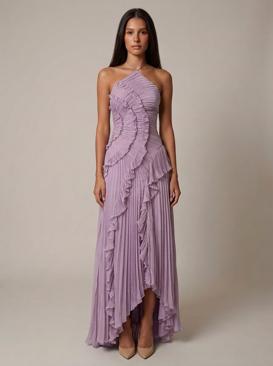 Flora Halter Pleated Maxi Dress in Purple — Svelte Chic