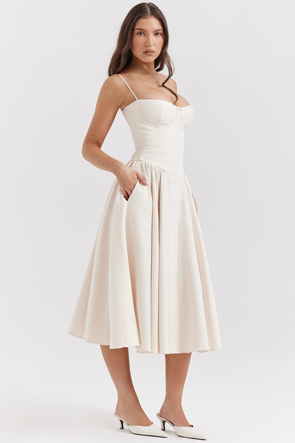 Felicity Waist Shaping Midi Dress in Beige — Svelte Chic