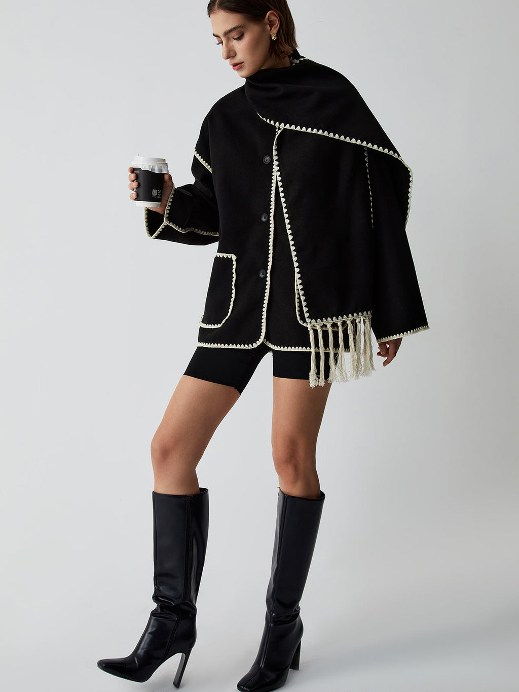 Scarf Collar Contrast Trim Jacket — Svelte Chic