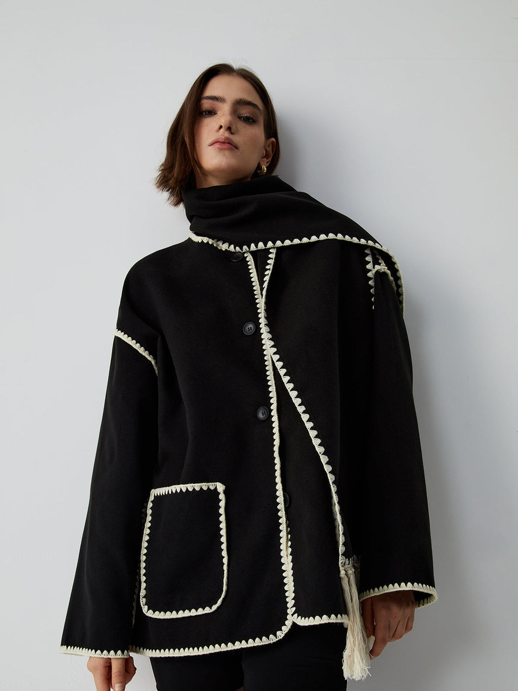Scarf Collar Contrast Trim Jacket — Svelte Chic
