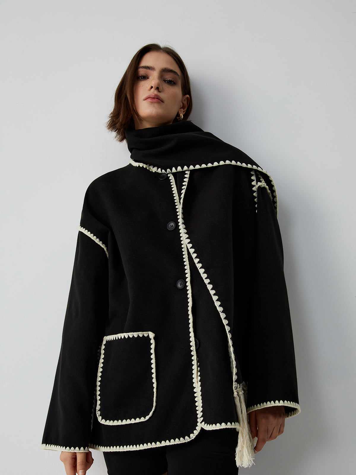 Scarf Collar Contrast Trim Jacket — Svelte Chic