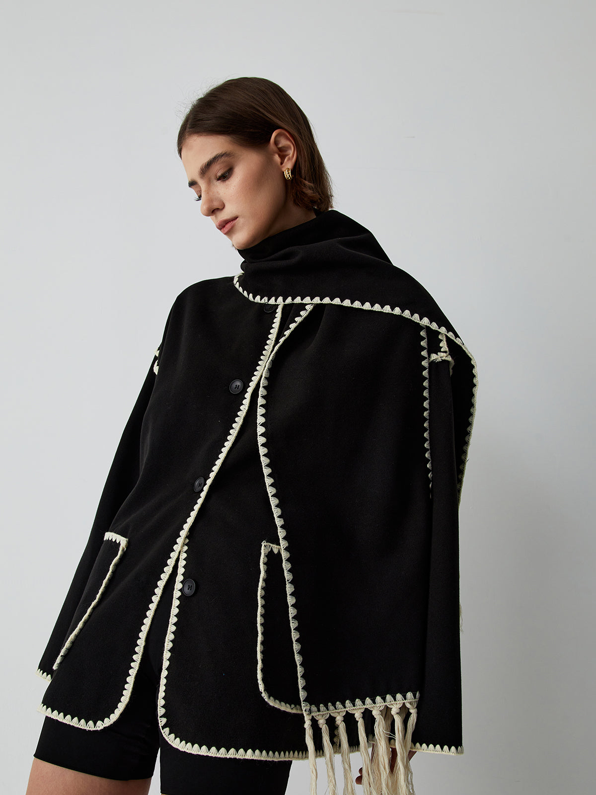 Scarf Collar Contrast Trim Jacket in Black — Svelte Chic