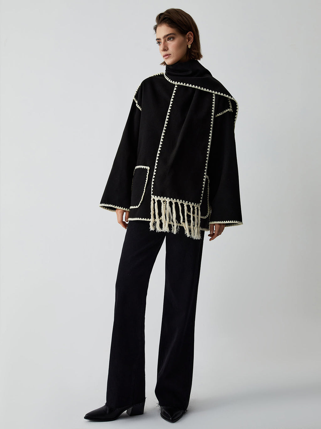 Scarf Collar Contrast Trim Jacket — Svelte Chic