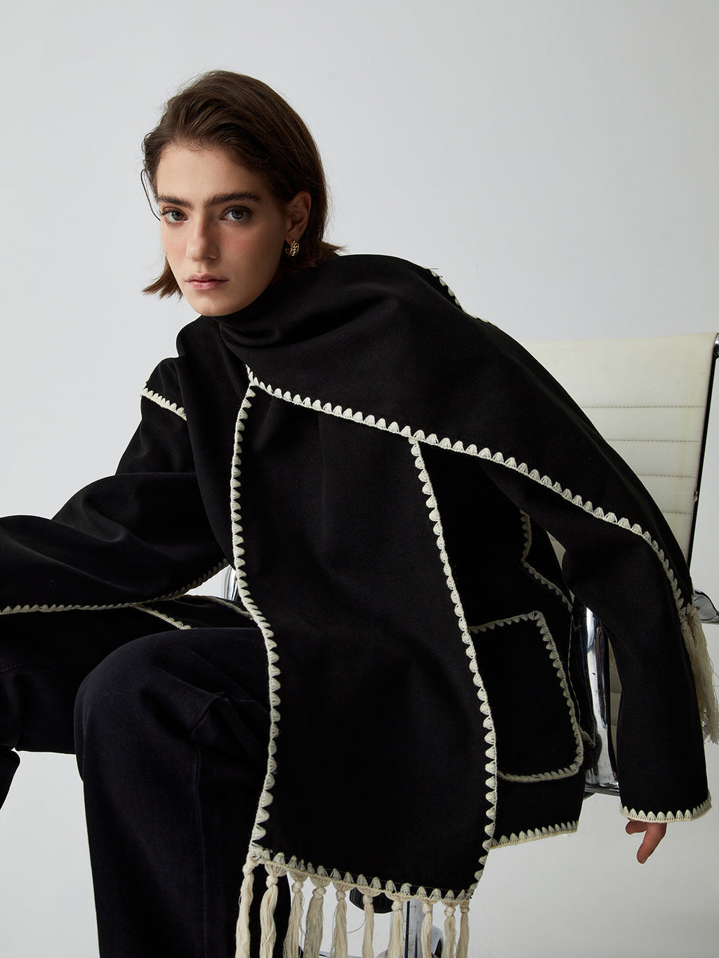 Scarf Collar Contrast Trim Jacket — Svelte Chic