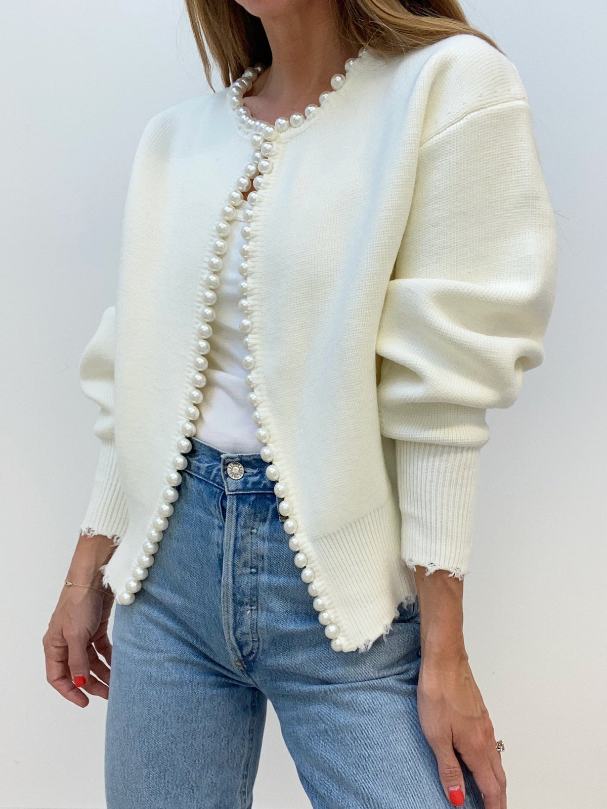 Pearl Trim Knit Cardigan in White — Svelte Chic