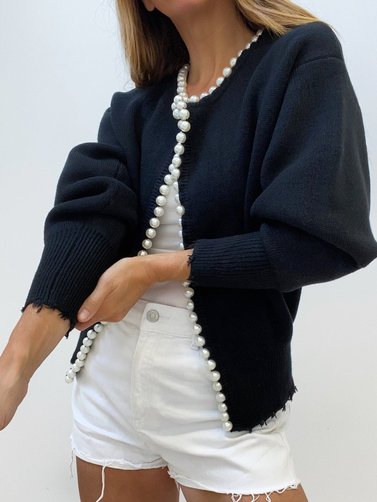 Pearl Trim Knit Cardigan in Black — Svelte Chic