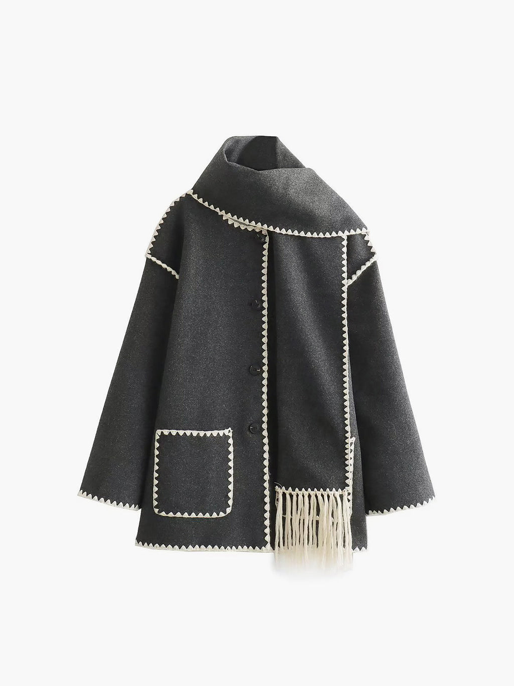 Scarf Collar Contrast Trim Jacket in Grey — Svelte Chic