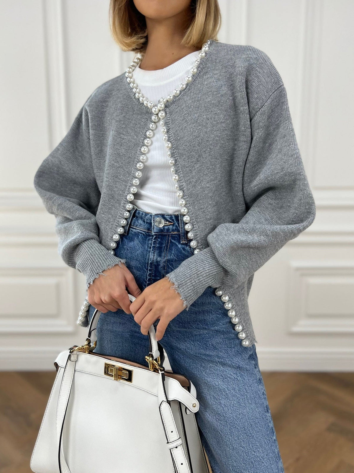Pearl Trim Knit Cardigan in Grey — Svelte Chic