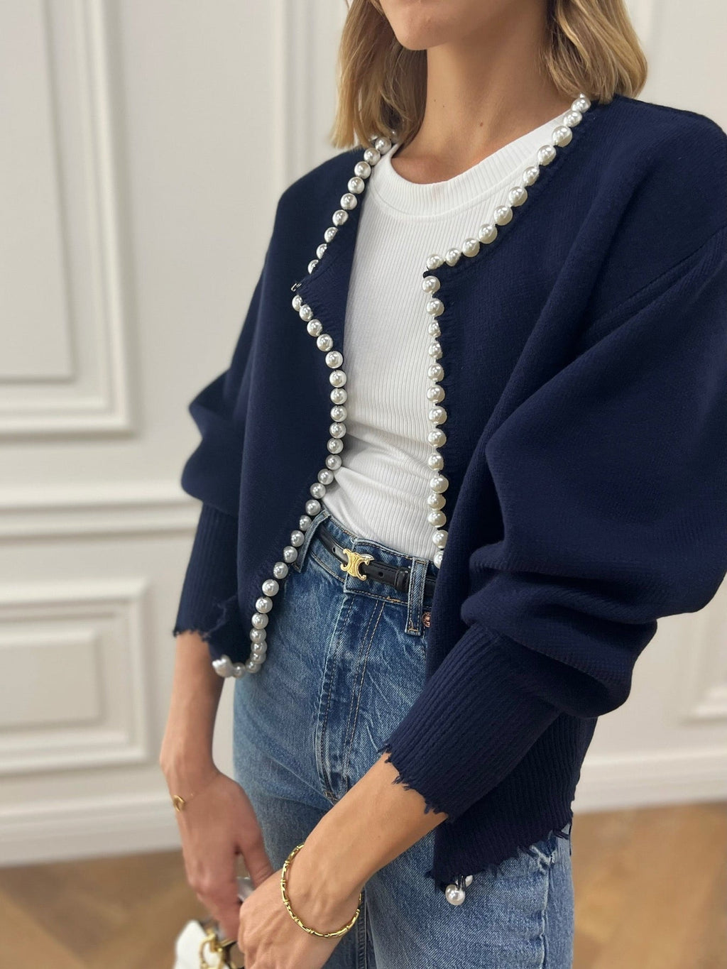 Pearl Trim Knit Cardigan in Navy — Svelte Chic
