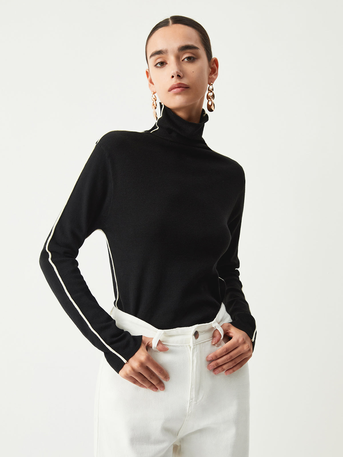 Contrast Piping Turtleneck Top — Black — Svelte Chic