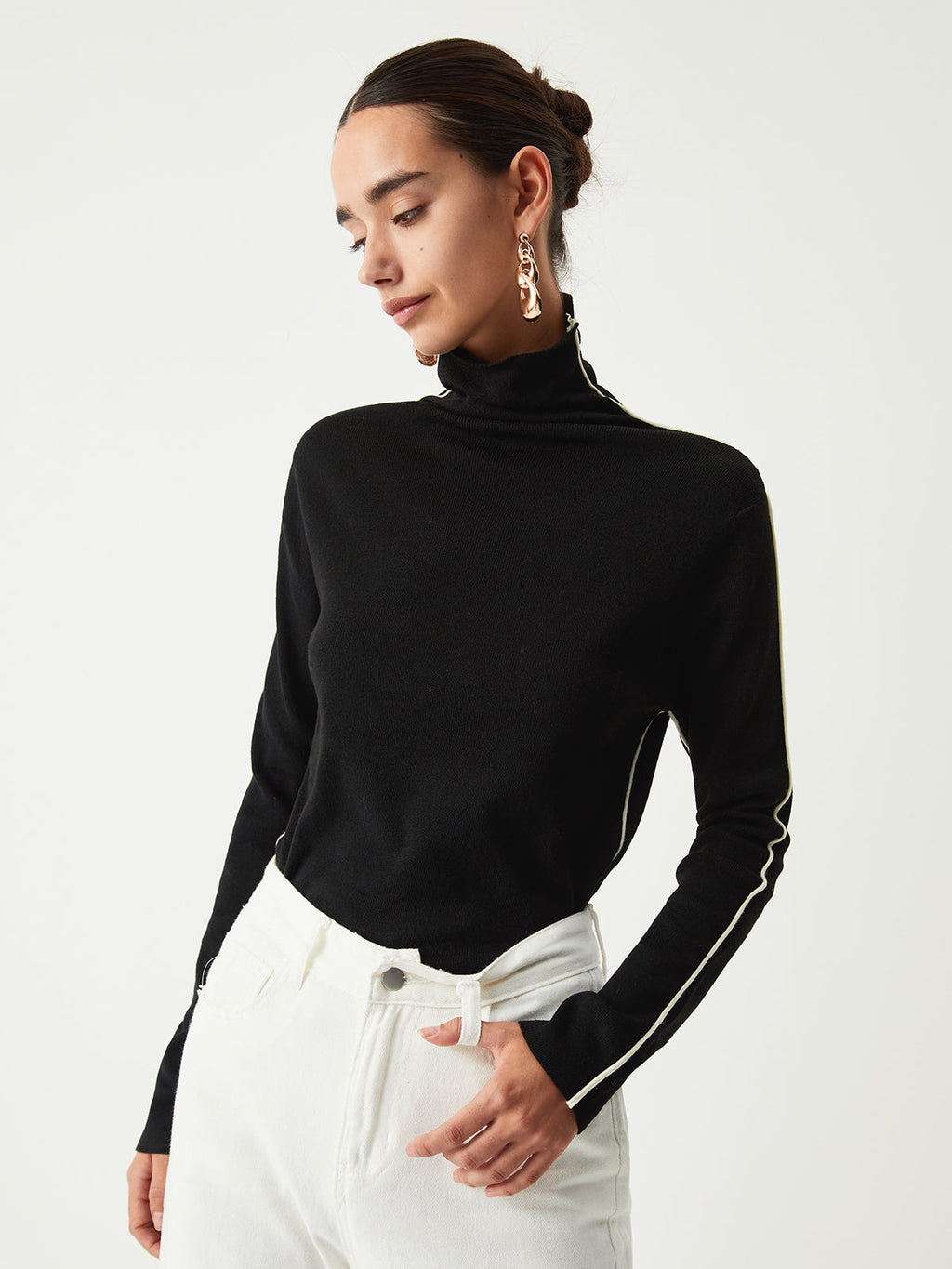 Contrast Piping Turtleneck Top — Black — Svelte Chic