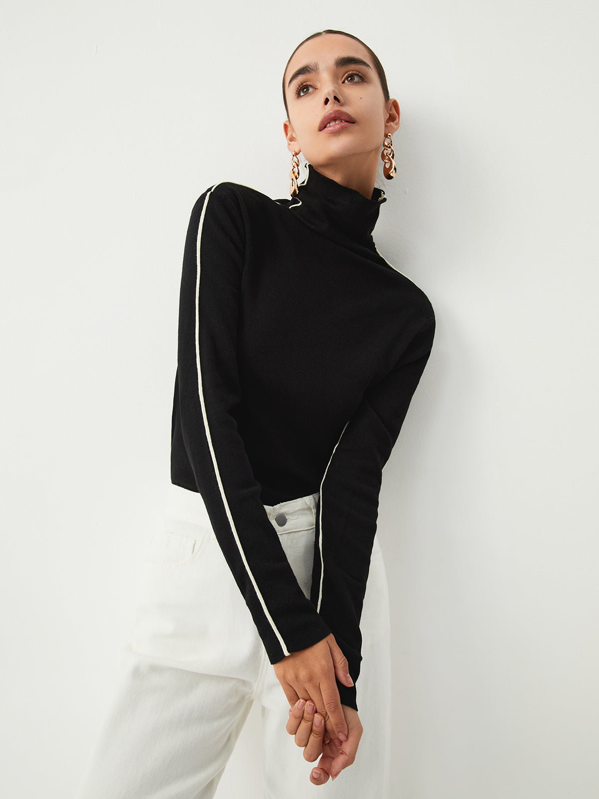 Contrast Piping Turtleneck Top — Black in Black — Svelte Chic