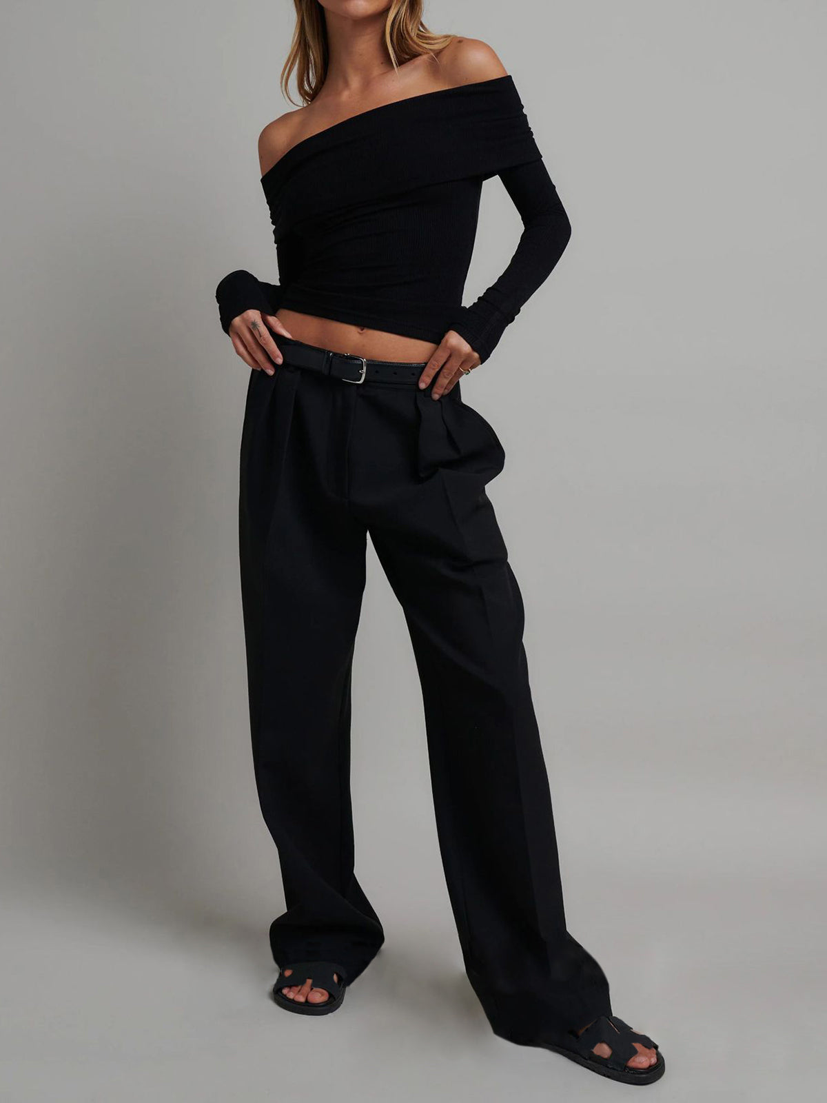 Boat Neck Long Sleeve Cropped Top — Svelte Chic