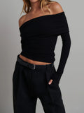 Boat Neck Long Sleeve Cropped Top in Black — Svelte Chic